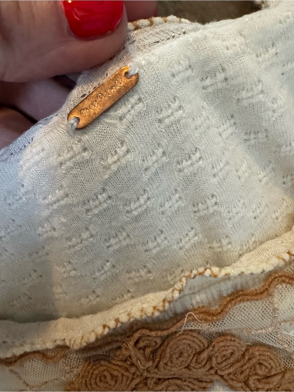 Free People Cream Long Sleeve Peasant Top with Tan Crochet Accents - Picture 4 of 9